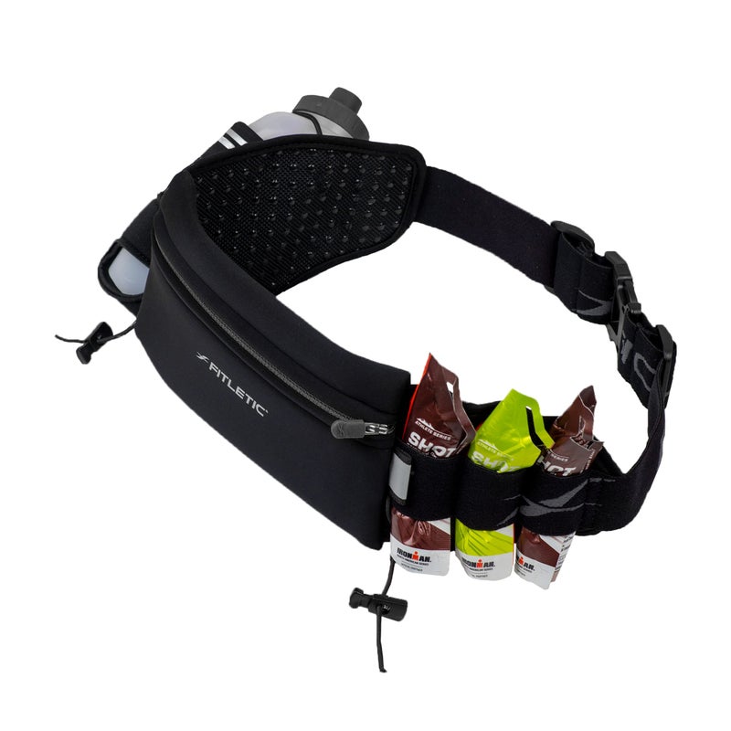 Fitletic Hydration Running Belt With 12oz Quick Flow Water Bottle For Men & Women â€“Race Belt, Gel Holders & Bib Toggles Patented Bounce Free Design, Water Resistant- Fits All Phones â€“ Fully Loaded - Image 4